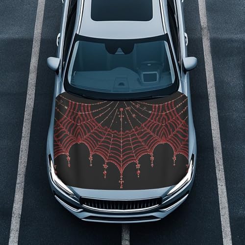 Image of Spiderweb Car Hood Cover, Gothic Red Spider Web Stretchable Washable Automotive Exterior Accessories, Retro Cross All-Season Protection Suitable for Most SUV Sedans