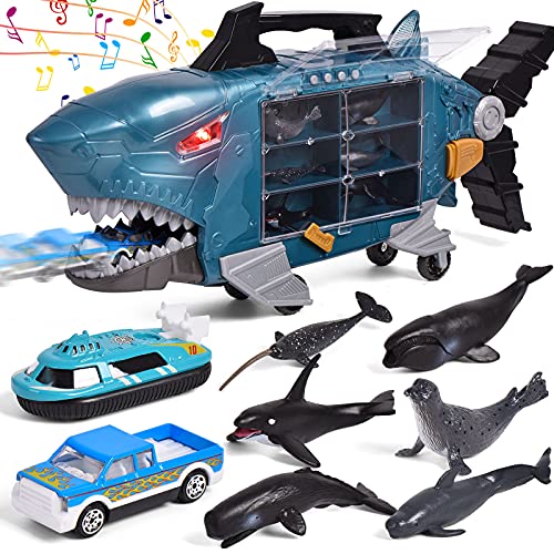 JONESHOW Shark Toys Truck Shark Birthday Gift with 6 Sea Animals, 2 Mini Play Vehicles, Toy Shark Truck Car Carrier for Toddlers Kids Boys Girls, Lights Music Effects