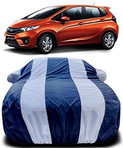 Image of PURPLEHEART Car Body Cover Compatible with Honda Jazz Facelift (2020-2021 Mirror Pocket Triple Stitched Bottom Elastic Water Resistant UV Protection & Dustproof Car Cover-Blue & White