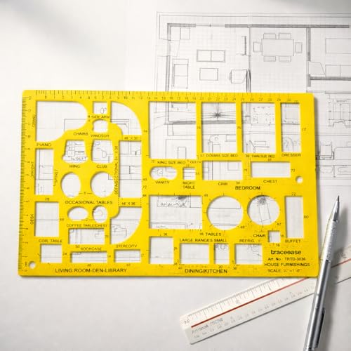 Traceease Furniture Layout Template Guide, House Furnishing Drafting Stencil with Beds Tables Chairs Couches and Home Decor Shapes for Interior Design, Room Planning, Architecture and Drawing