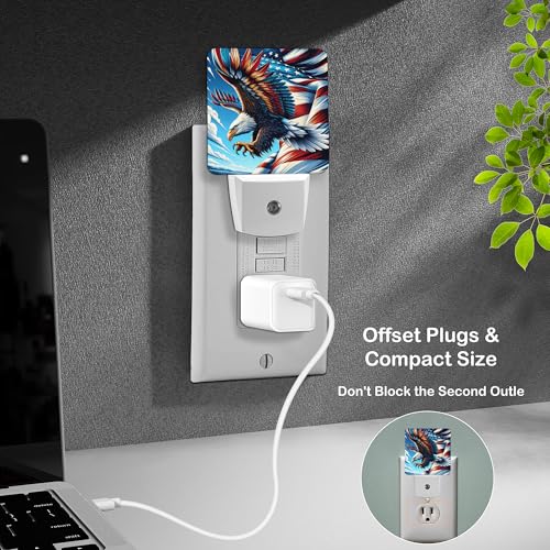 Image of LED Night Light Lamp with Smart Sensor Dusk to Dawn Sensor,Bald Eagle Soar American Flag Detailed Feathers Majestic and Powerful Clear Blue Sky Night Light Daylight White,0.5W Plug-into Wall