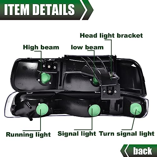 Image of GRAND ORANGE Front Headlight Bumper Lights Lamps 4pcs Compatible with Chevy Silverado 99-02 / Compatible with Chevy Suburban 2000-2006 Headlights Assembly Clear lens Black Housing Amber Reflector