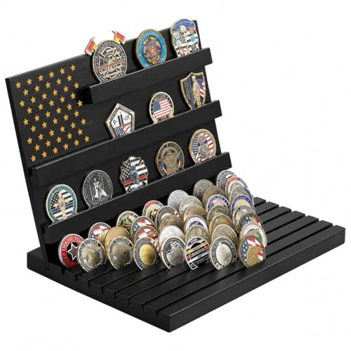 PiaoHao Challenge Coin Display, Military Coin Holder Display, Solid Wood 11 Rows Holds 80 Coins, Deep Grooved Anti-Slip Design, Collector Grade Desk Display for Veterans & Gifts (Black)