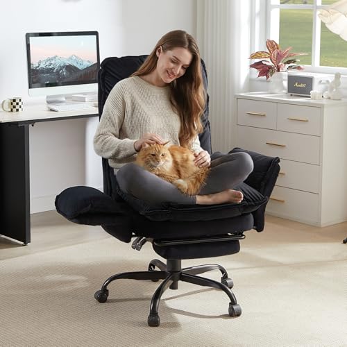 Bestier Sillón de relax con taburete, respaldo ajustable a 135°, reposabrazos giratorios de 90°, funda de pana, sillón de TV, cómodo asiento para salón, dormitorio, color negro - imagen 6