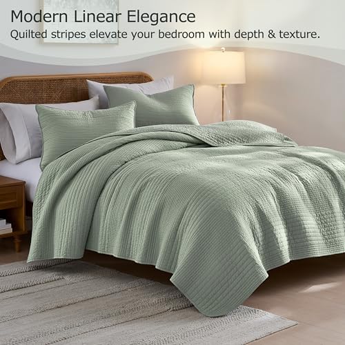 Image of palassio Striped Sage Green 100% Cotton Quilt King Size Bedding Sets, Lightweight Crinkly Channel Pick Stitch Textured Bedspread Soft Shabby Chic Farmhouse Country Coverlet for All Season, 2 Shams