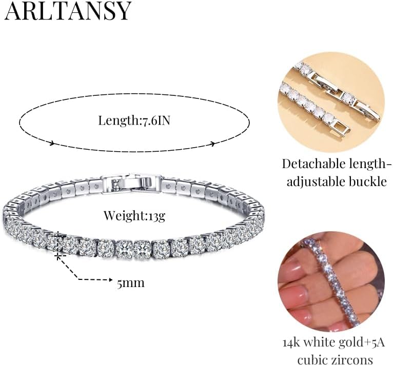 14K White Gold Plated 5mm Cubic Zirconia Tennis Bracelet for Women and Men, Classic Silver Diamond Tennis Bangle Bracelets, Adjustable Detachable 7.6IN Length, Suitable for Everyone - Image 3