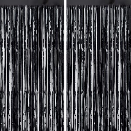 Image of DECOCKRAT 2 Pack Foil Fringe Backdrop - Laser Black Shiny Tinsel Curtains for Party Decoration /Photo Booth Props - 3.3x6.6 FT Metallic Foil Backdrop for Birthday, Wedding, Graduation, Christmas.