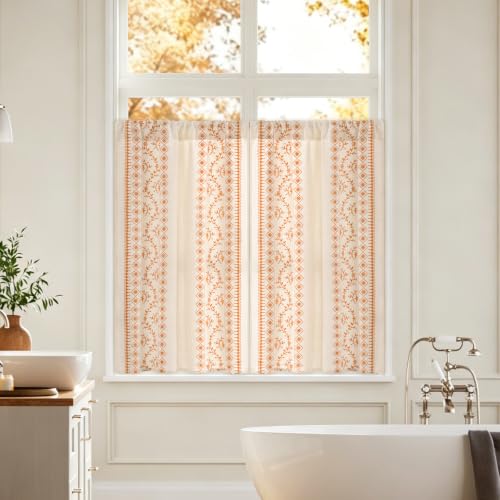 Image of Yinhua Boho Kitchen Curtains 36 Inch Length Orange Embroidered Floral Cafe Curtains, Light Filtering Farmhouse Kitchen Window Curtain Rod Pocket Short Tier Curtains for Windows, 26 inch W x 36 inch L