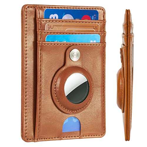 Mutural Slim Minimalist Wallet for Men with Detachable Case Holder for Airtag, Leather Front Pocket Wallet Credit Card Case (Brown)