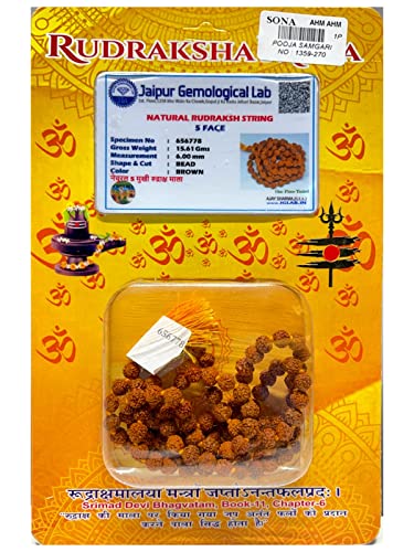 Jaipur Certified 5 Mukhi Rudraksha Mala for Men/Women - 108+1 Beads (5mm, 34 Inches) - 100% Natural Brown Beads - Gift for Spirituality & Meditation - Pack of 1