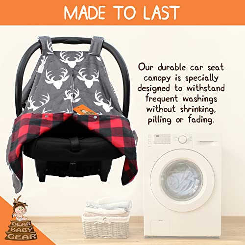 Image of Dear Baby Gear - 40x30 Car Seat Canopy, Infant Carrier Cover for Boys & Girls, Cozy Fall, Nursing & Stroller Use, Newborn Travel Sunshade, White Antlers, Plaid Red & Black Buffalo
