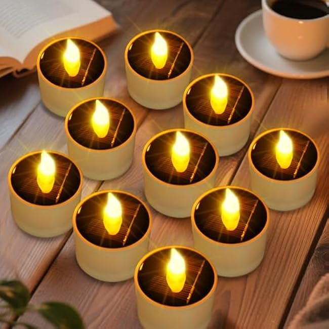 Solar Tea Lights Outdoor - 10 Pack Waterproof Rechargeable Dusk to Dawn Outdoor Lighting Flameless Flicker Reusable LED Solar Candles for Lanterns Camping Garden Home Decorations, 2.3''x2.1''