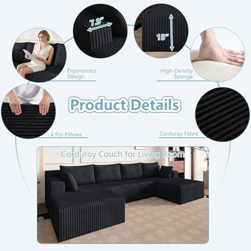 Image of 124 inch Boneless Cloud Couch Sectional Couches Sofa for Living Room