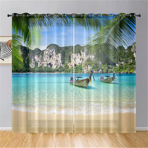 Odot Rideau Voilage Semi Occultant Salon,Motif Vagues de l'Océan 3D Rideaux Voilages avec Oeillets 2 Panneaux Rideaux Voile Semi Transparent Rideau Occultant...