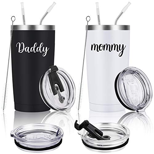 Daddy Mommy Travel Tumbler Set, 20Oz Insulated Tumblers For Dad Mom, New Parents, Gift Idea For Mother's Day Father's Day New Pregnancy Birthday Baby Shower, Black White #TOP7