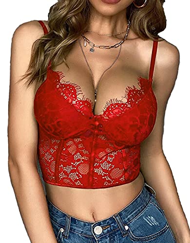 Lilosy Sexy Wirefree Lingerie Floral Lace Crop Cami Tank Top Women Sheer Longline Bralette Night Out Party Bra Red Medium #TOP29