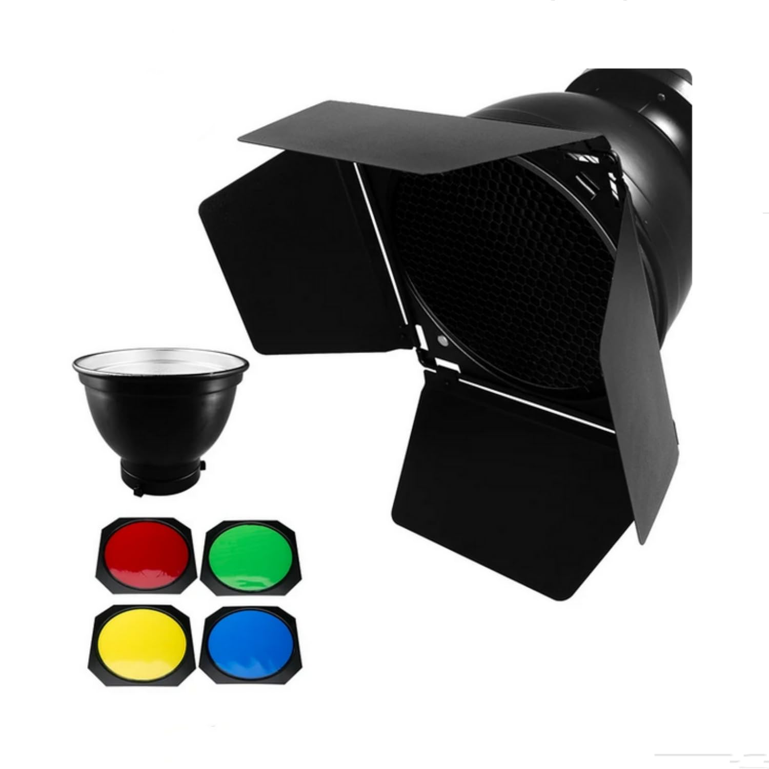 SKEIDO Standard Reflector Bowens Mount with BD-04 Barndoor with Honeycomb Grid & 4 Color Filter Gel Set