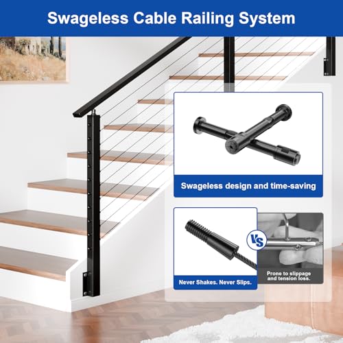 Image of BLIKA 4FT-12FT Complete Set 36 inch Side Mount Stair Railing Post Kits, Fascia Mount Stair Posts, Black Swageless Cable Railing System Include 2 Left Stair Posts, 150FT 1 /8 inch Stainless Cable(No Handrail)