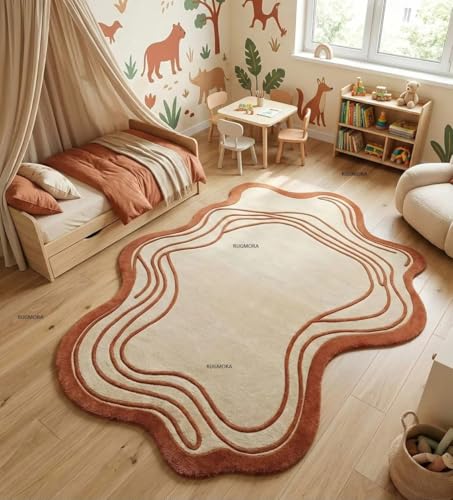 Image of Handmade Woollen Rug 6x8 Ft - Modern Irregular Shape Aesthetic Carpet, 1 Inch Thick Pile, Anti-Skid Backing, Soft Hand Tufted Wool Area Rug for Living Room, Bedroom, Hall Decor
