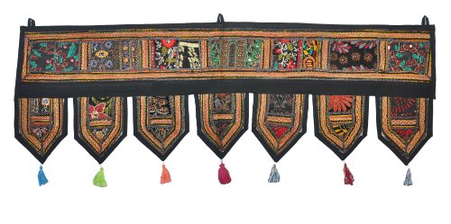 Tapisserie ethnique indienne décorative pour la maison, patchwork et broderie, 99 x 33 cm (Noir) Cover