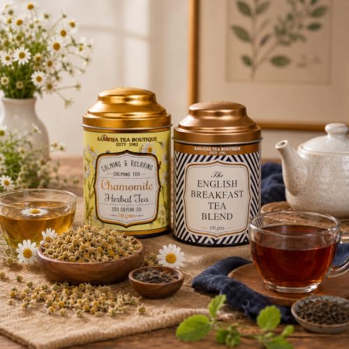 Image of Sancha Tea Boutique, Tea Combo Pack, Chamomile Flowers, Caffeine Free Herbal, 50g & Assam English Breakfast Teas 100g, Loose Leaves