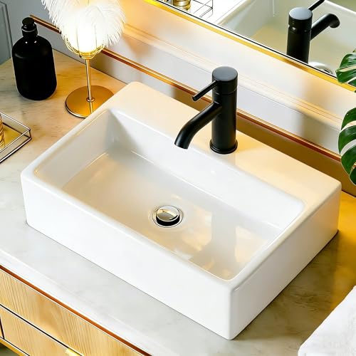 NUESTRA VIDA Vasque à Poser Rectangle en Céramique Blanc, Lavabo Salle de Bain Facile à Nettoyer, Lave Main pour Salle de Bains et WC (40x29,5x12 cm)