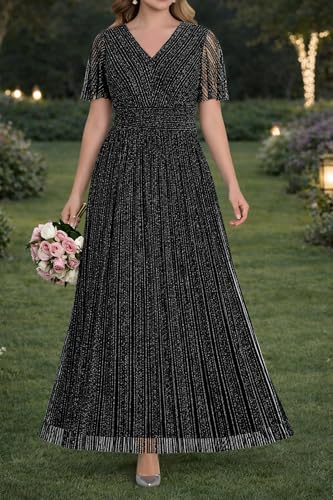 Image of Pinup Fashion Plus Size Formal Evening Glitter Prom Wedding Guest Dress | Silver thread straight knit, v-neck, empire waist, back zipper, a-line, maxi long, perfect for evening party, wedding guest
