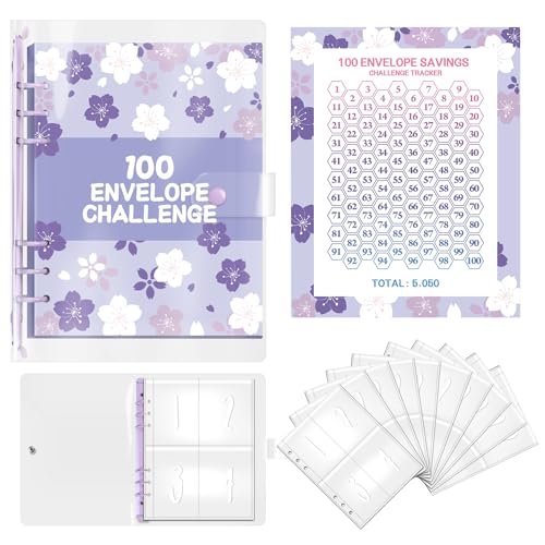 GWEOR 100 Envelope Saving Challenge Sparchallenge Budgetplaner A5 Ringbuch mit Challenge Tracker & Pre-numbered Geldfächer Budget Binder für Geld Sparen Challenge