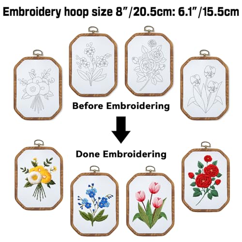 Image of ORIGACH 4 Set Embroidery Kit for Beginners Adults, DIY Flowers Embroidery Starter Kit with Stamped Patterns Instructions Embroidery Hoop Needles Threads for Crafting