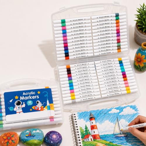 Image of Professional Acrylic Paint Markers Set, 48 Vibrant Colours, Brush Tip, Water-Based, Non-Toxic, for Rock Painting, Canvas, Glass, Wood, School Projects, with Portable Storage Case