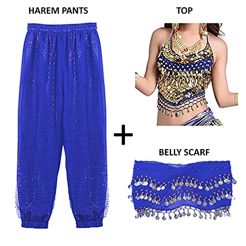 Image of VRITRAZ Women's Chiffon Belly Dance Chiffon Top, Harem Pants and Hip Scarf Ringy Golden Coins Fancy Pants