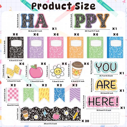 BeYumi Back to School Happy You are Here Bulletin Board Set Colorful Composition Notebook Cutouts Pencil Apple Smile Face Flower Black Border Trims School Kindergarten Classroom Chalkboard Wall Decor - Image 2