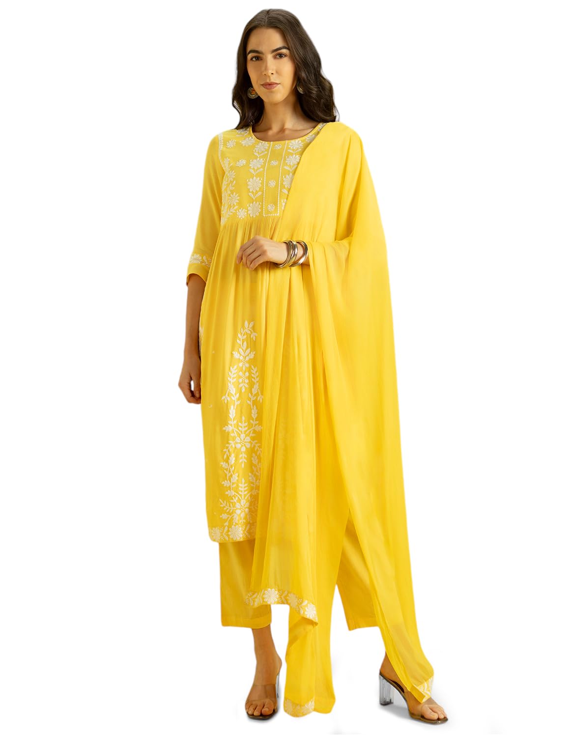 Kaari Women's Amaltas Yellow Chikankari Kurta Set With Dupatta -Fit & Flare Fit | Chiffon Dupatta With Embroidered Band | Straight Pant With Side Pocket | Kurta Set For