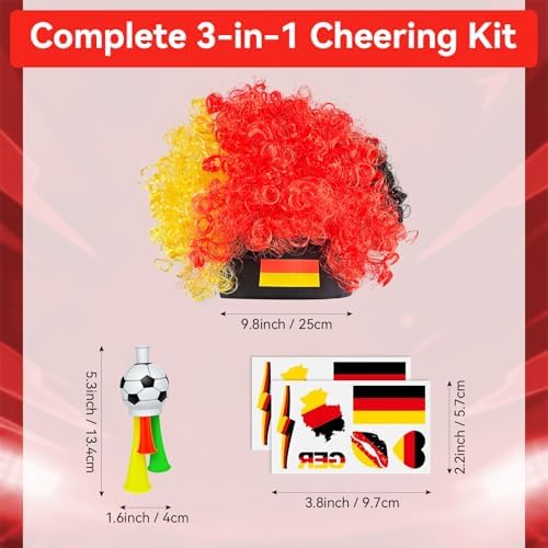Oulores 2026 Soccer Fan Gear Set – Germany Flag Clown Wig, Temporary Tattoos & Loud Horn – Cheer Accessories for International Football Matches, Stadium Parties & Global Tournament Celebrations — view 2
