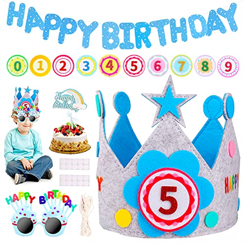 HapagToy corona de cumpleaños para niños, corona de fieltro para cumpleaños, tela de corona de cumpleaños, corona de cumpleaños para niños y niñas con gafas y números intercambiables del 0 al 9 Cover