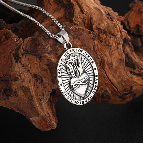 NIGHTCRUZ Sacred Heart of Jesus Necklace, Oval Religious Medal Medallion Stainless Steel with Sacred Heart and Cross2