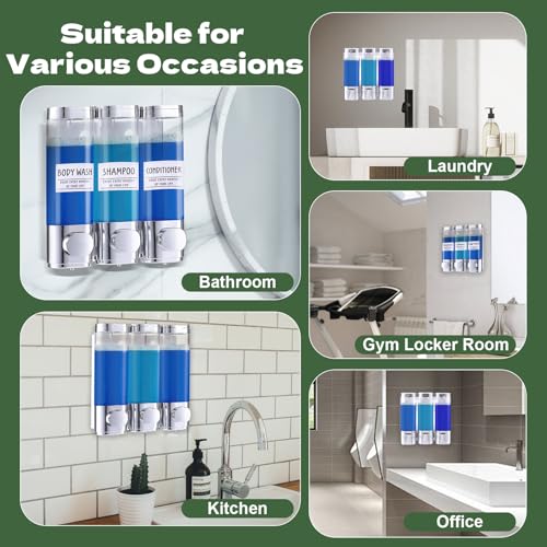 Image of Shower Dispenser 3 Chamber No Drill Shower Soap Dispenser Wall Mounted with Labels Shower Dispenser No Drill for Bathroom Hotel Kitchen, 8.4x2.5 Inch, Silver