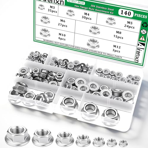 Aienxn 140PCS 7 Metric Sizes 304 Stainless Steel Hex Flange Nuts Assortment Kit -M3, M4, M5, M6, M8, M10, M12