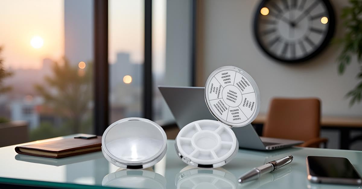 Pillendose 7 Fächer für 1 Woche Versilbert – Ø 8 cm – Premium Silver Plated Medikamentenbox – Edle Pillenbox für 7 Tage