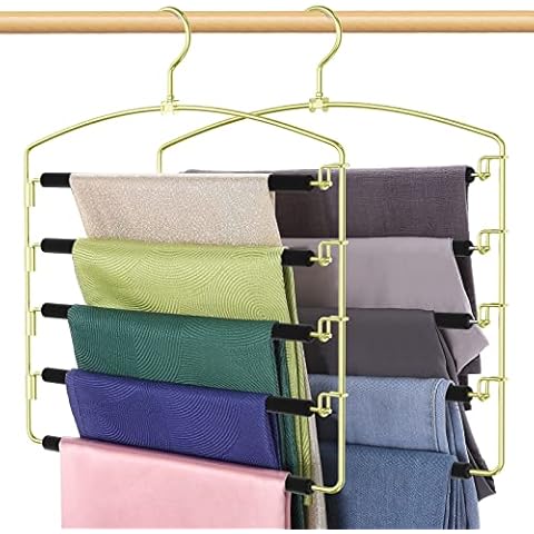 Roylvan 5 Tier Pants Hangers Space Saving, 2 Pack Non-Slip Foam Padding Closet Organzier for Trousers Slacks Jeans Scarf Hanging, Clothes Hangers with Swing Arm, 360 Swivel Hook, Black Gold Cover