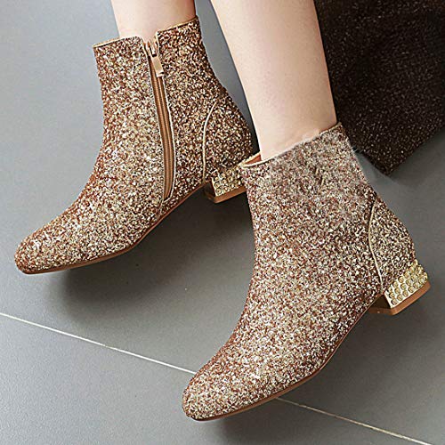Mavmax Women's Sequin Flat Ankle Boots Glitter Low Chunky Heel Booties Wedding Winter Shoes Us 8.5, Gold #TOP3