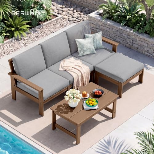 Image of SERWALL HDPE Outdoor Ottoman with Cushions for Outdoo Sofa | Brown Frame & Gray Cushions
