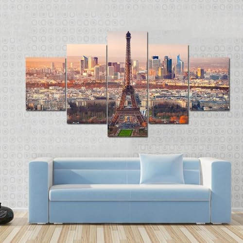 Tableau Tour Eiffel au crépuscule en 5 parties decoration murale salon avec cadre