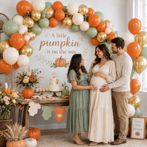 Image of Orange Green Sand White Gold Balloons, Fall Balloons for Fall Party Decor | 12 Inch Burnt Orange Sage Green Gold Balloons for Thanksgiving Autumn Baby Shower Birthday Little Pumpkin Party Decorations