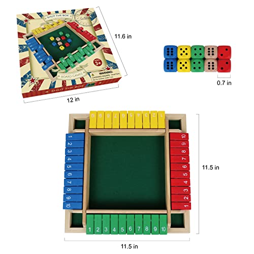 Gothink 12 Inch Shut The Box Dice Game With 10Pcs Dices Colorful Traditional Wooden Table Math Board Game 10 Numbers For Kids Adults, Family Classroom Home Or Pub Bar 1-4 Players #TOP1