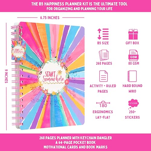 Image of Doodle I The Happiness 2026 Journal Kit I Undated B5 Planner + 250+ Stickers + Bookmarks + Pocket Planner with Premium Gift Box | Tear Away Note Cards & Quote Cards | Activity Pages | To do lists I 268 Pages I 80 GSM I Wiro Bound (Begin Bright)
