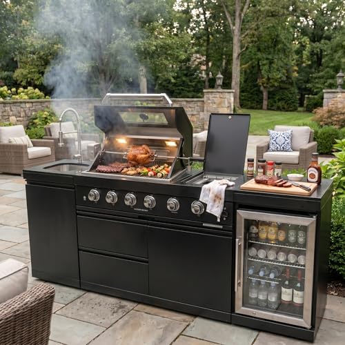 85 Inches Outdoor Kitchen Island, 4-Burner 72000 BTU Propane Stainless Steel BBQ with Side Burner, With Refrigerator and Sink, Rotisserie, Storage, Granite Countertops, For Backyard BBQ, Black