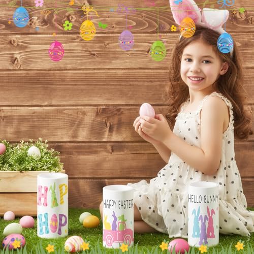 Image of Retisee 3 Pcs Pastel Easter Flameless LED Candles Battery Operated Bunny Spring Flickering Pillar Candles with Remote Pastel Easter Decoration Centerpiece for Bedroom Living Room Dinner Table Decor