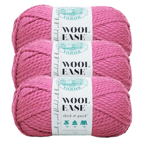 Image of Lion Brand Yarn Wool-Ease Thick & Quick Yarn, Soft and Bulky Yarn for Knitting, Crocheting, and Crafting, 3 Pack, Raspberry | Super Bulky Wool Acrylic Blend Fiber for Soft Hats, Sweaters, Chunky Blankets, Yarn for Crochet, Knitting, Crafts, Weaving