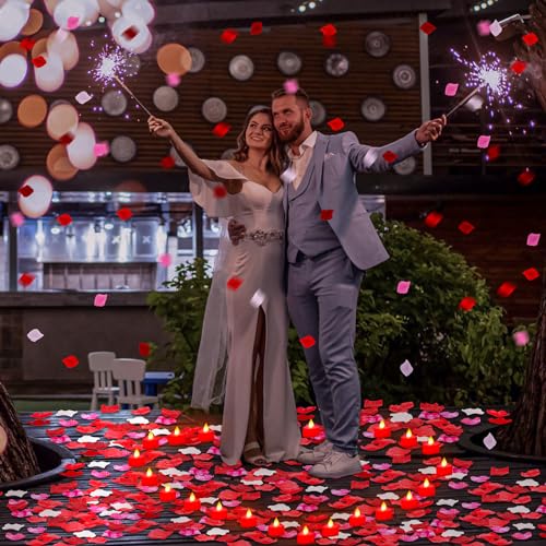 Image of Coume 6000 Pieces Artificial Rose Petal 72 Pieces LED Tealights Candle, Romantic Decorations Special Night Rose Petal Heart Candle for Valentines Wedding Anniversary Proposal Decor(Cute Red Light)